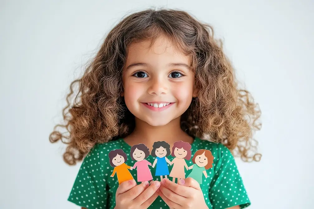 Ein junges Mädchen zeigt stolz eine Scherenschnittfigur, die ihre Familie darstellt, und bringt dabei Freude und Kreativität zum Ausdruck.